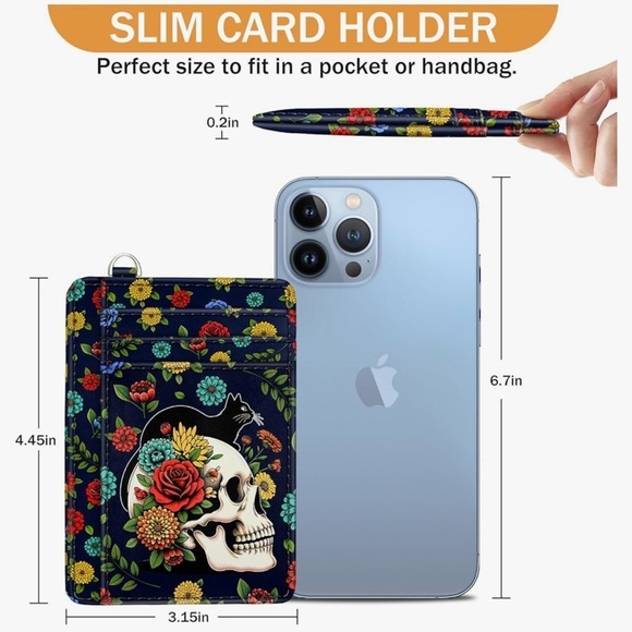 🆕 Cat Skull Credit Card Holder Slim Wallet, Floral Goth RFID Wallet  (new) - Picture 6 of 6